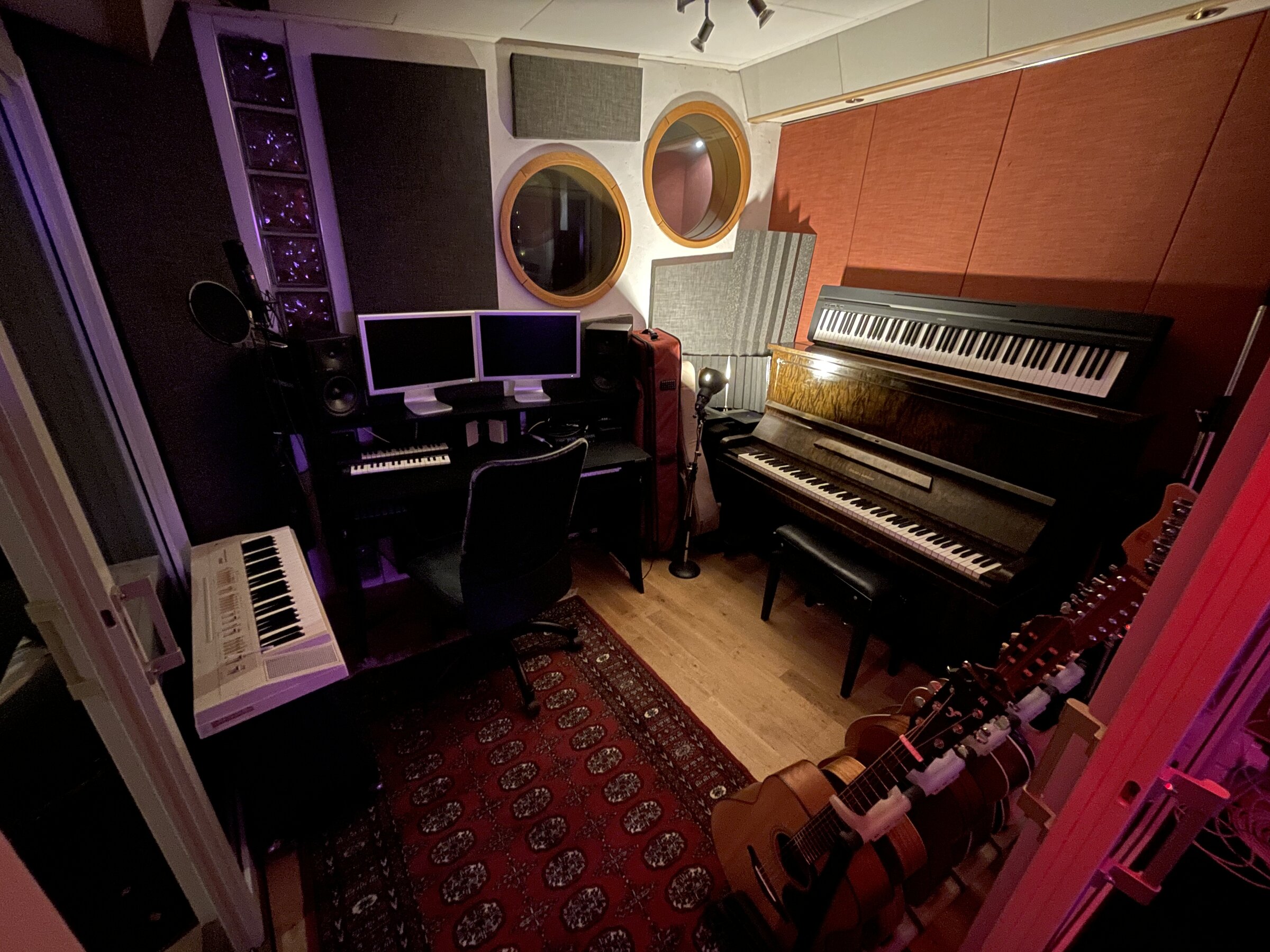 Piano room with upright and Yamaha digital piano