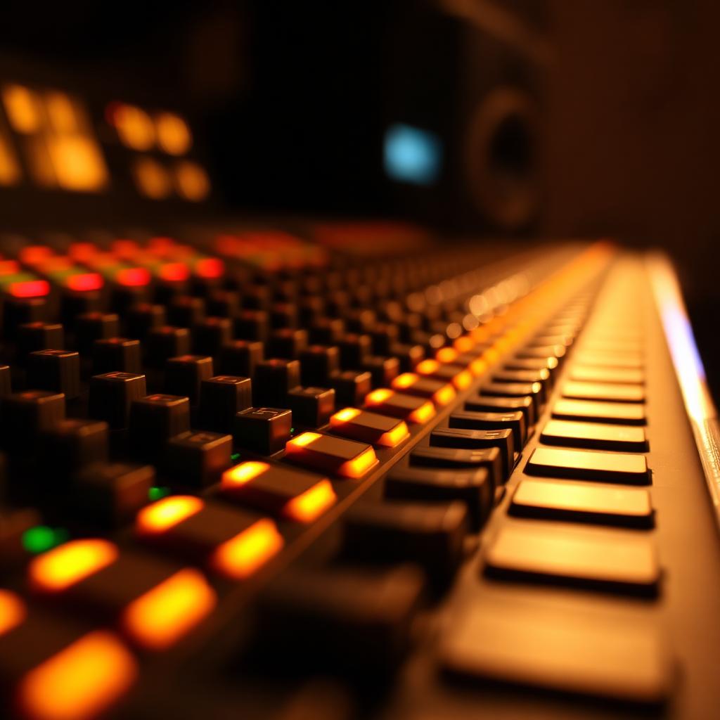 Close-up of vintage mixing console faders