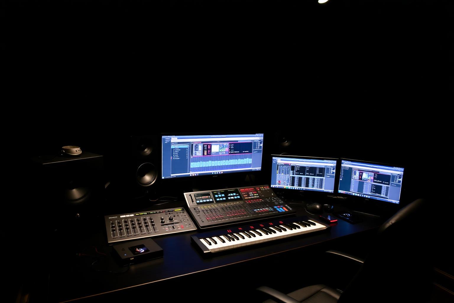 Producer desk with monitors and MIDI keyboard