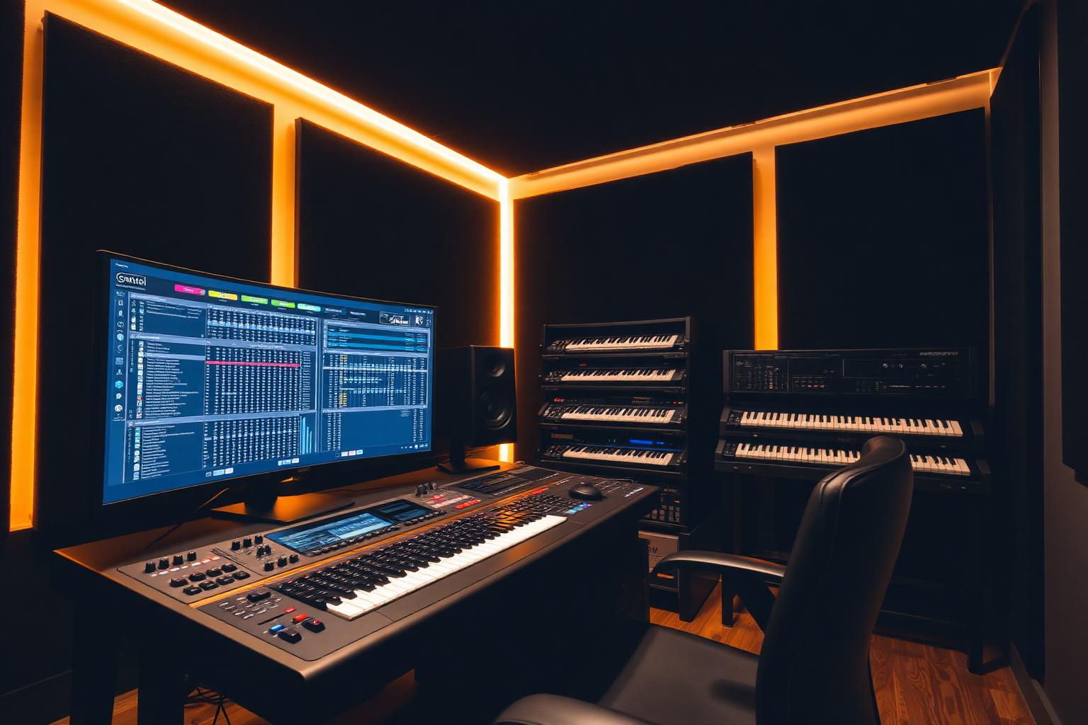 Modern producer suite with curved monitor