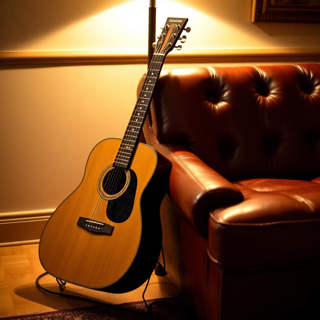 Acoustic guitar leaning against leather sofa