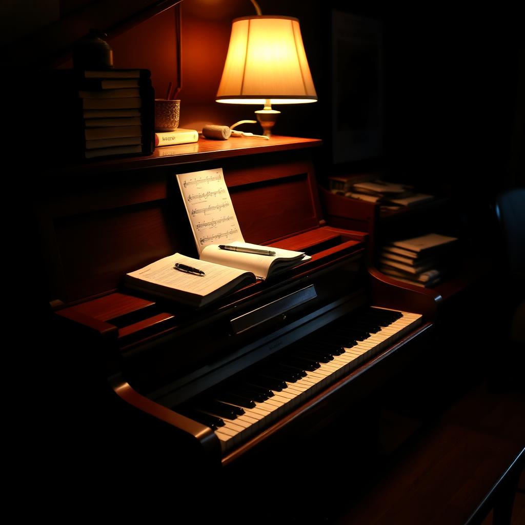 Upright piano with notebook and lamp
