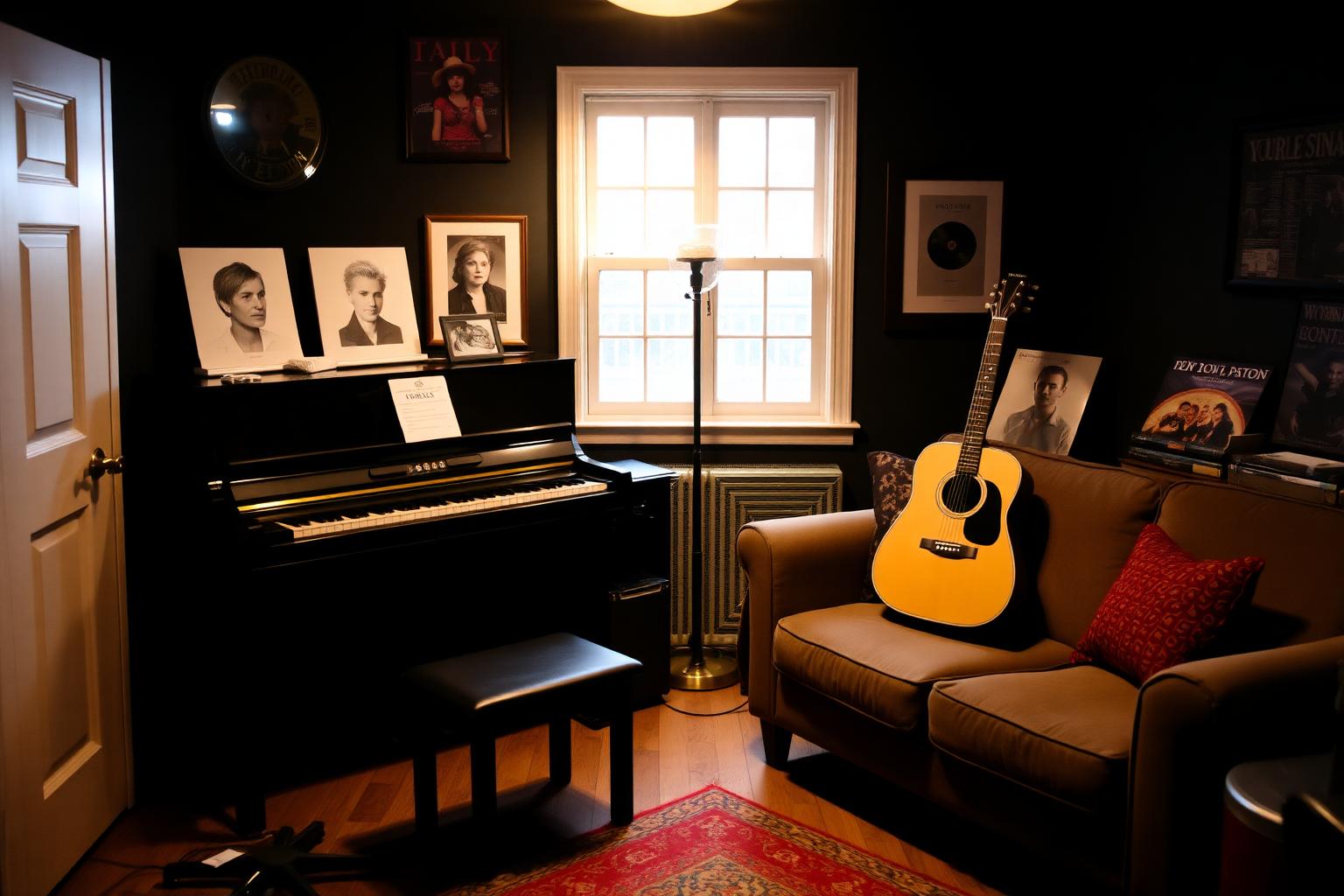Writer room with upright piano and sofa