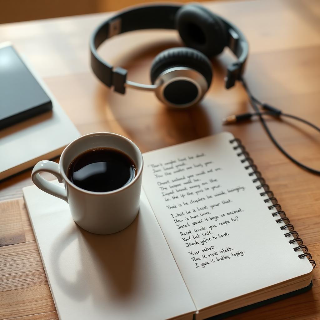Notebook with lyrics, coffee and headphones